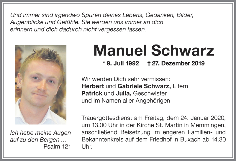 Traueranzeige für Manuel Schwarz vom 21.01.2020 aus Memminger Zeitung