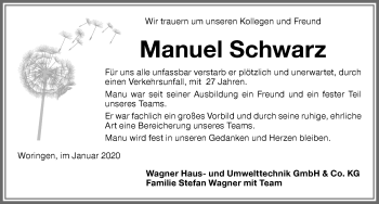 Traueranzeige von Manuel Schwarz von Memminger Zeitung