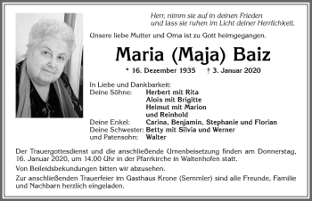 Traueranzeige von Maria Baiz von Allgäuer Zeitung,Kempten
