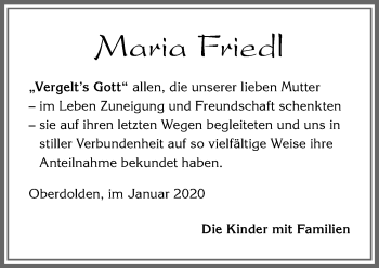 Traueranzeige von Maria Friedl von Allgäuer Zeitung, Füssen