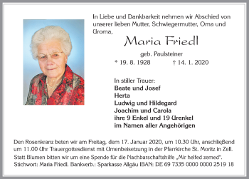 Traueranzeige von Maria Friedl von Allgäuer Zeitung, Füssen