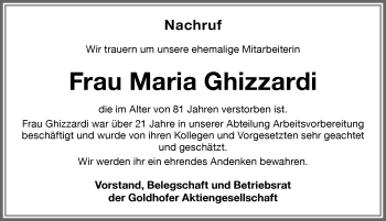 Traueranzeige von Maria Ghizzardi von Memminger Zeitung