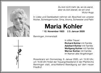 Traueranzeige von Maria Kohler von Memminger Zeitung