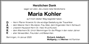 Traueranzeige von Maria Kohler von Memminger Zeitung