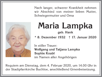 Traueranzeige von Maria Lampka von Allgäuer Zeitung, Kaufbeuren/Buchloe