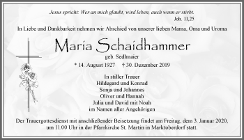 Traueranzeige von Maria Schaidhammer von Allgäuer Zeitung, Marktoberdorf