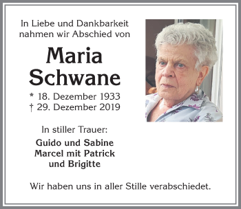 Traueranzeige von Maria Schwane von Allgäuer Zeitung,Kempten