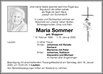 Traueranzeige von Maria Sommer von Memminger Zeitung