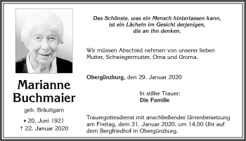 Traueranzeige von Marianne Buchmair von Allgäuer Zeitung, Marktoberdorf