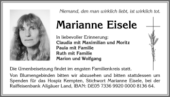 Traueranzeige von Marianne Eisele von Allgäuer Zeitung, Marktoberdorf