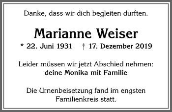 Traueranzeige von Marianne Weiser von Allgäuer Zeitung,Kempten