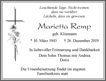 Traueranzeige von Marietta Remp von Allgäuer Zeitung, Füssen