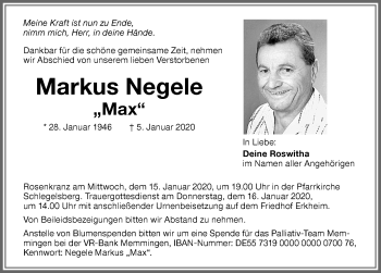 Traueranzeige von Markus Negele von Memminger Zeitung