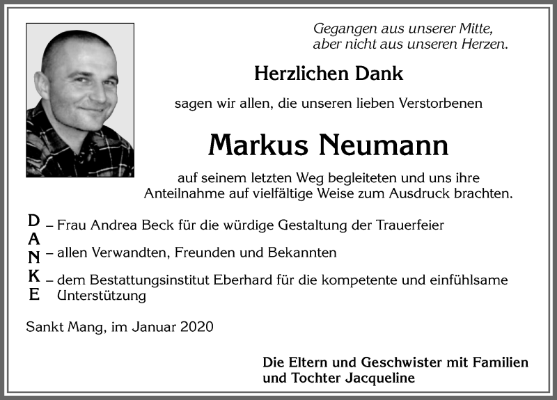  Traueranzeige für Markus Neumann vom 11.01.2020 aus Allgäuer Zeitung,Kempten