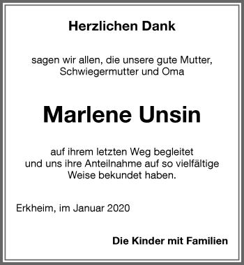 Traueranzeige von Marlene Unsin von Memminger Zeitung