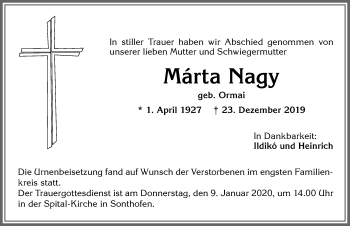 Traueranzeige von Marta Nagy von Allgäuer Anzeigeblatt