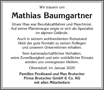 Traueranzeige von Mathias Baumgartner von Allgäuer Anzeigeblatt