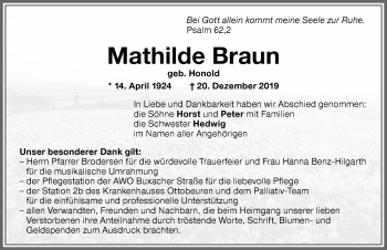 Traueranzeige von Mathilde Braun von Memminger Zeitung