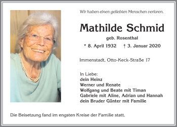 Traueranzeige von Mathilde Schmid von Allgäuer Anzeigeblatt