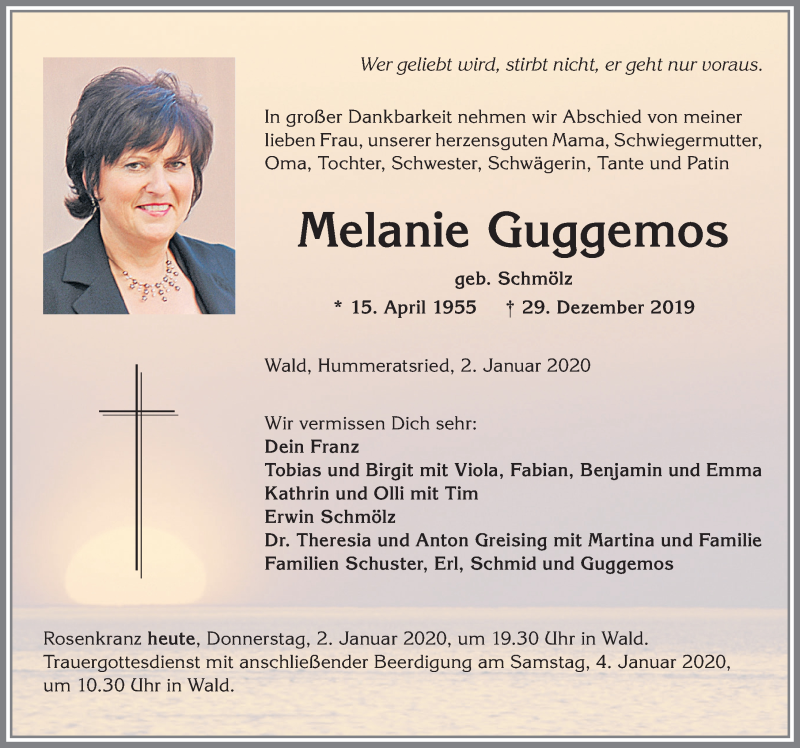  Traueranzeige für Melanie Guggemos vom 02.01.2020 aus Allgäuer Zeitung, Marktoberdorf