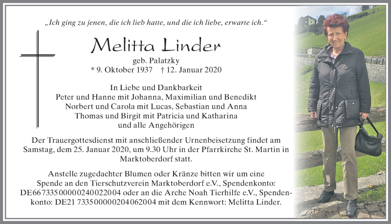 Traueranzeige für Melitta Linder vom 21.01.2020 aus Allgäuer Zeitung, Marktoberdorf