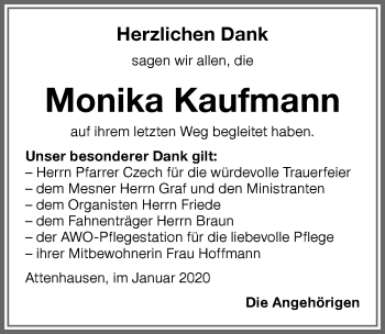 Traueranzeige von Monika Kaufmann von Memminger Zeitung
