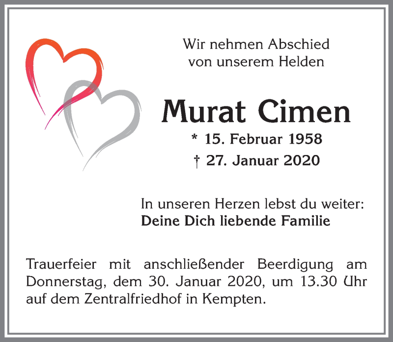  Traueranzeige für Murat Cimen vom 29.01.2020 aus Allgäuer Zeitung,Kempten