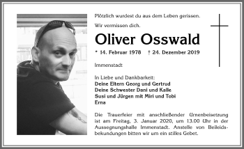 Traueranzeige von Oliver Osswald von Allgäuer Anzeigeblatt