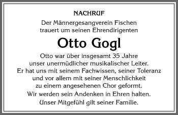 Traueranzeige von Otto Gogl von Allgäuer Anzeigeblatt