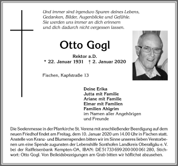 Traueranzeige von Otto Gogl von Allgäuer Anzeigeblatt