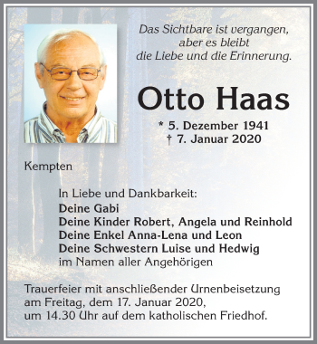 Traueranzeige von Otto Haas von Allgäuer Zeitung,Kempten