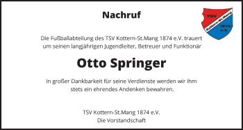 Traueranzeige von Otto Springer von Allgäuer Zeitung,Kempten