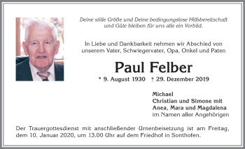 Traueranzeige von Paul Felber von Allgäuer Anzeigeblatt