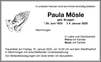 Traueranzeige von Paula Mösle von Memminger Zeitung