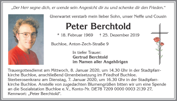 Traueranzeige von Peter Berchtold von Allgäuer Zeitung, Kaufbeuren/Buchloe