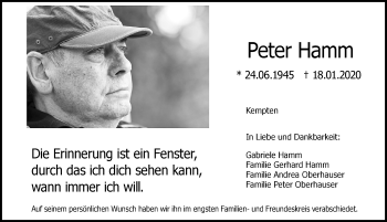 Traueranzeige von Peter Hamm von Allgäuer Zeitung,Kempten