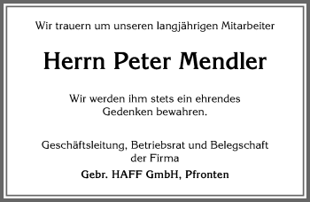 Traueranzeige von Peter Mendler von Allgäuer Zeitung, Füssen