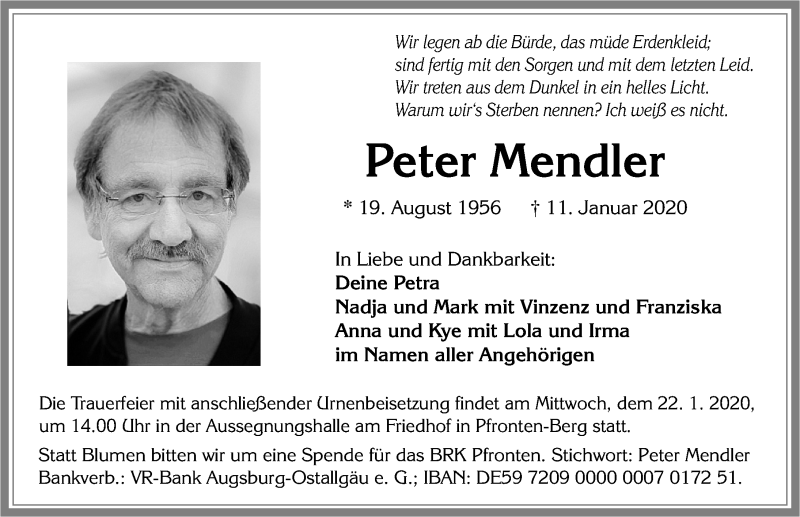  Traueranzeige für Peter Mendler vom 17.01.2020 aus Allgäuer Zeitung, Füssen