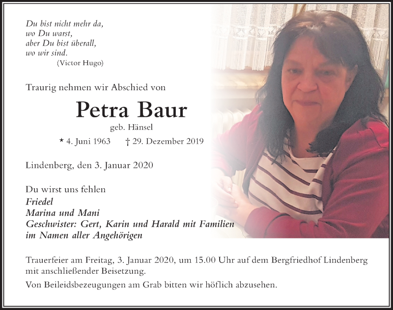 Traueranzeige für Petra Baur vom 02.01.2020 aus Der Westallgäuer