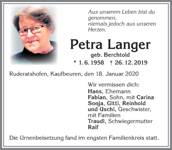 Traueranzeige von Petra Langer von Allgäuer Zeitung, Kaufbeuren/Buchloe