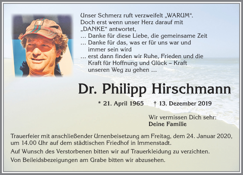  Traueranzeige für Philipp Hirschmann vom 18.01.2020 aus Allgäuer Zeitung