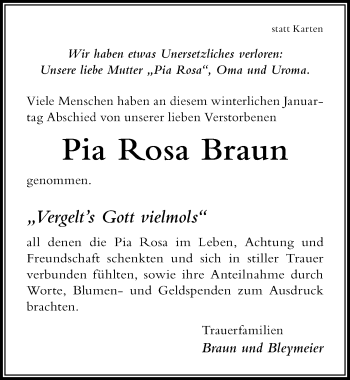 Traueranzeige von Pia Rosa Braun von Der Westallgäuer