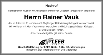 Traueranzeige von Rainer Vauk von Memminger Zeitung