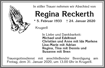 Traueranzeige von Regina Reckerth von Allgäuer Zeitung,Kempten