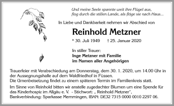 Traueranzeige von Reinhold Metzner von Allgäuer Zeitung, Füssen