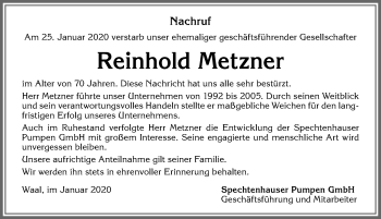 Traueranzeige von Reinhold Metzner von Allgäuer Zeitung