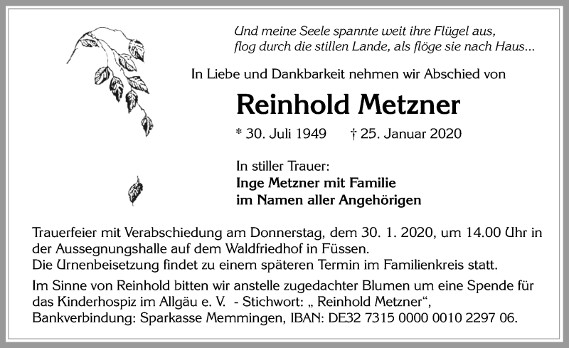  Traueranzeige für Reinhold Metzner vom 28.01.2020 aus Allgäuer Zeitung, Füssen
