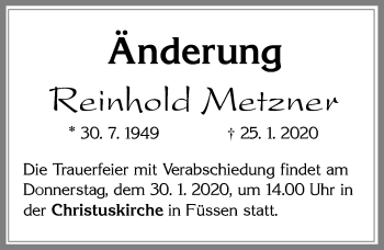 Traueranzeige von Reinhold Metzner von Allgäuer Zeitung, Füssen