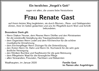 Traueranzeige von Renate Gast von Allgäuer Zeitung, Kaufbeuren/Buchloe