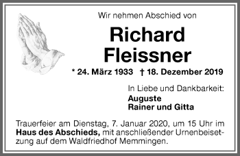 Traueranzeige von Richard Fleissner von Memminger Zeitung